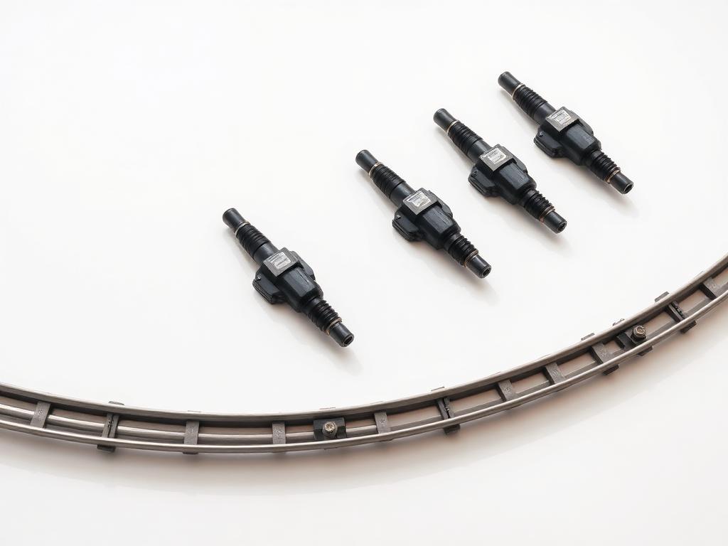 Diesel injectors and common rail on a white surface
