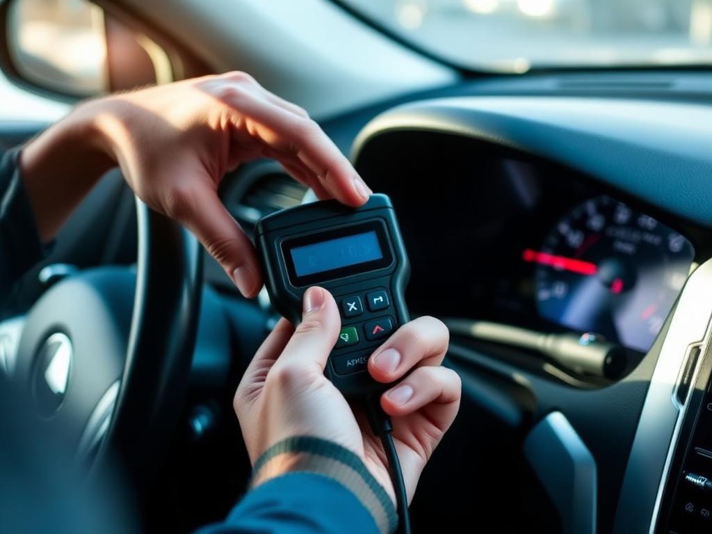 Hand holding an OBD-II scanner inside a car
