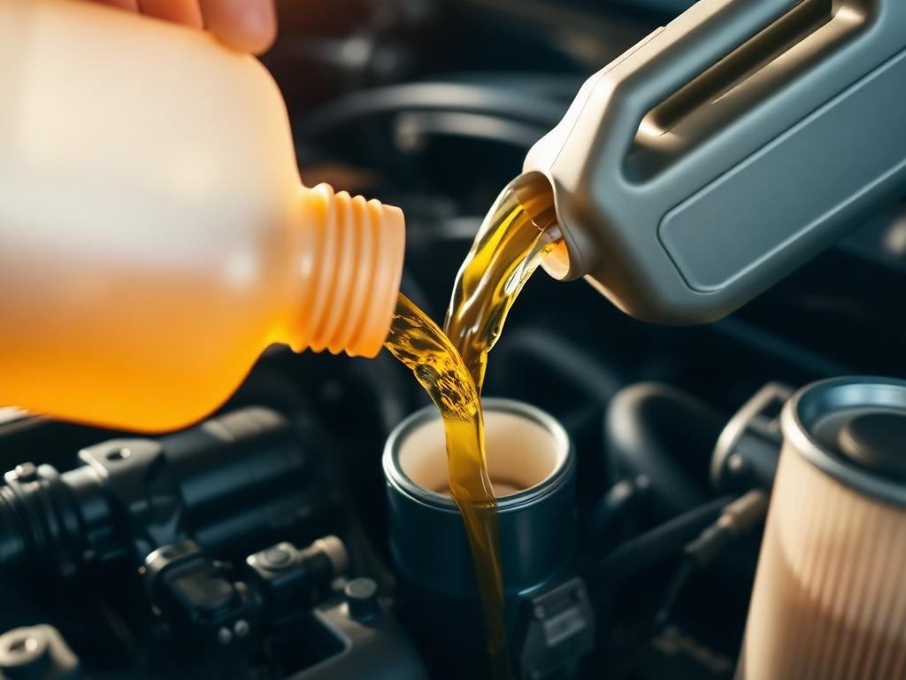 Fresh engine oil being poured into an engine next to a new filter